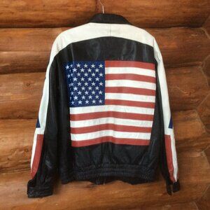 Vintage Leather Black USA Flag Full Zip Bomber 90s Biker Jacket Size 2XL